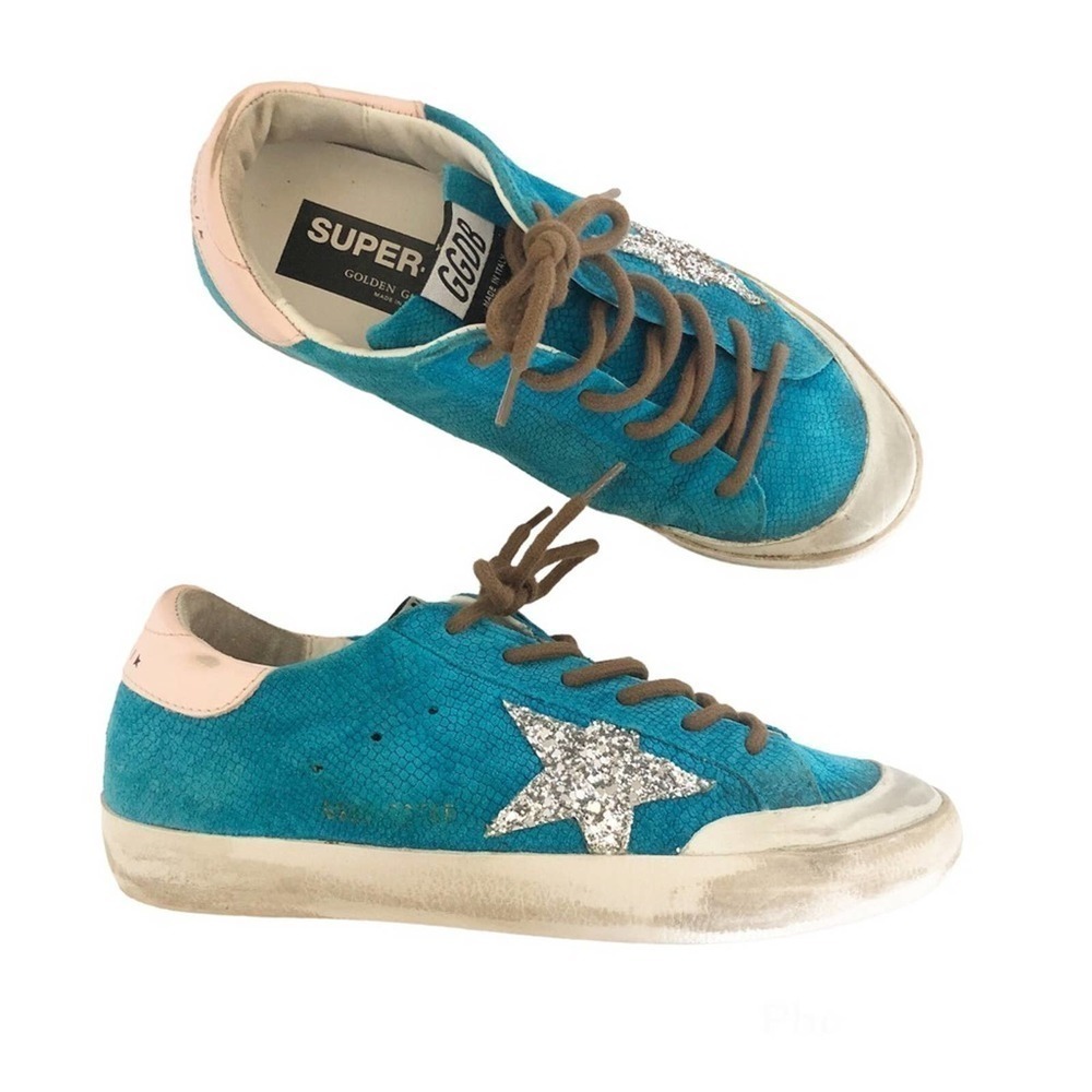Golden Goose Super-Star Blue Penstar Glitter Lizard Print Suede Sneaker 36 US 6
